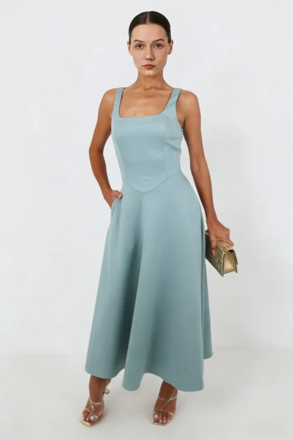 Algo Bert Fashion Duck egg Square Neck Midi Dress Fabricantevista de trás mostrando a silhueta em linha A