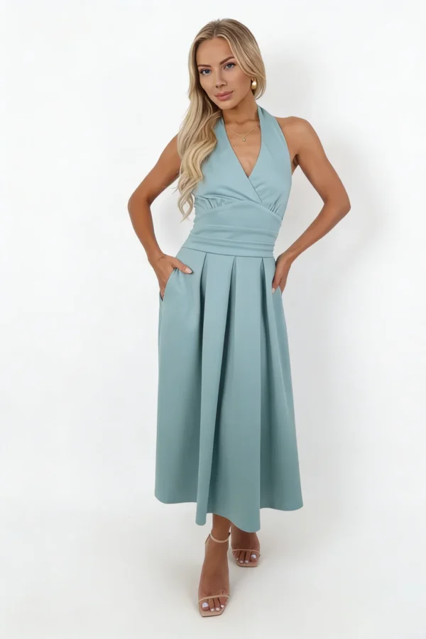 Algo Bert Fashion halter neckline detail on duck egg midi dress highlighting premium stitching and refined construction by a ladies fashion supplier