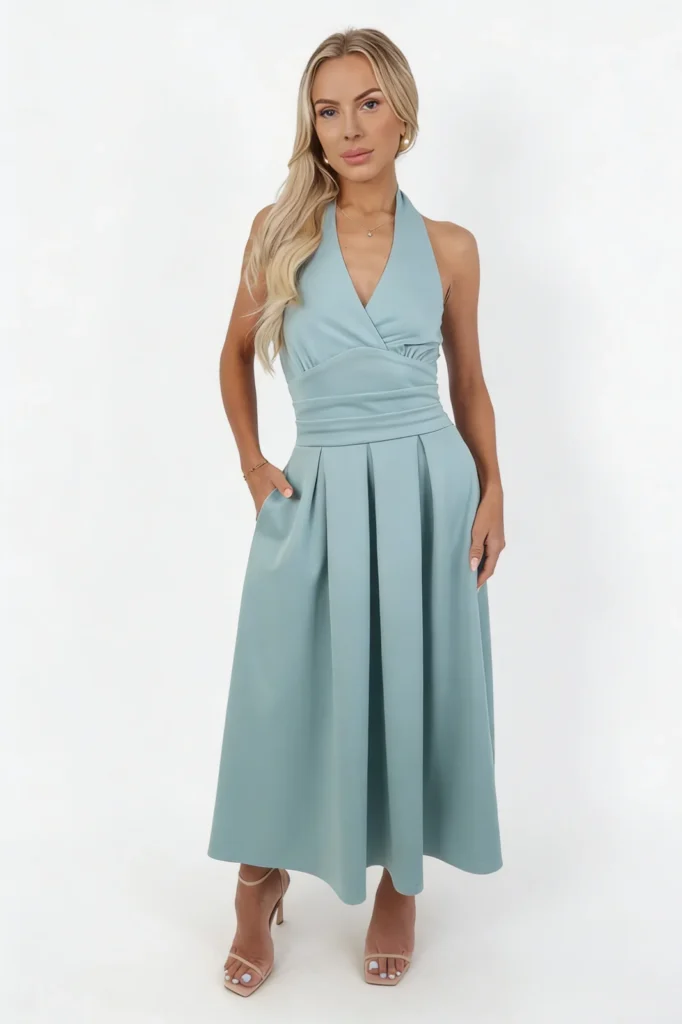 Algo Bert Fashion duck egg tie halter neck midi dress showcasing elegant shoulder-baring design from a trusted ladies fashion supplier
