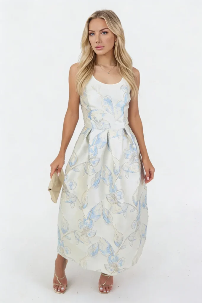 Algo Bert Fashion Wholesale Ladies Fashion robe midi en jacquard bleu glacier - élégante silhouette A-line avec motifs floraux tissés dorés
