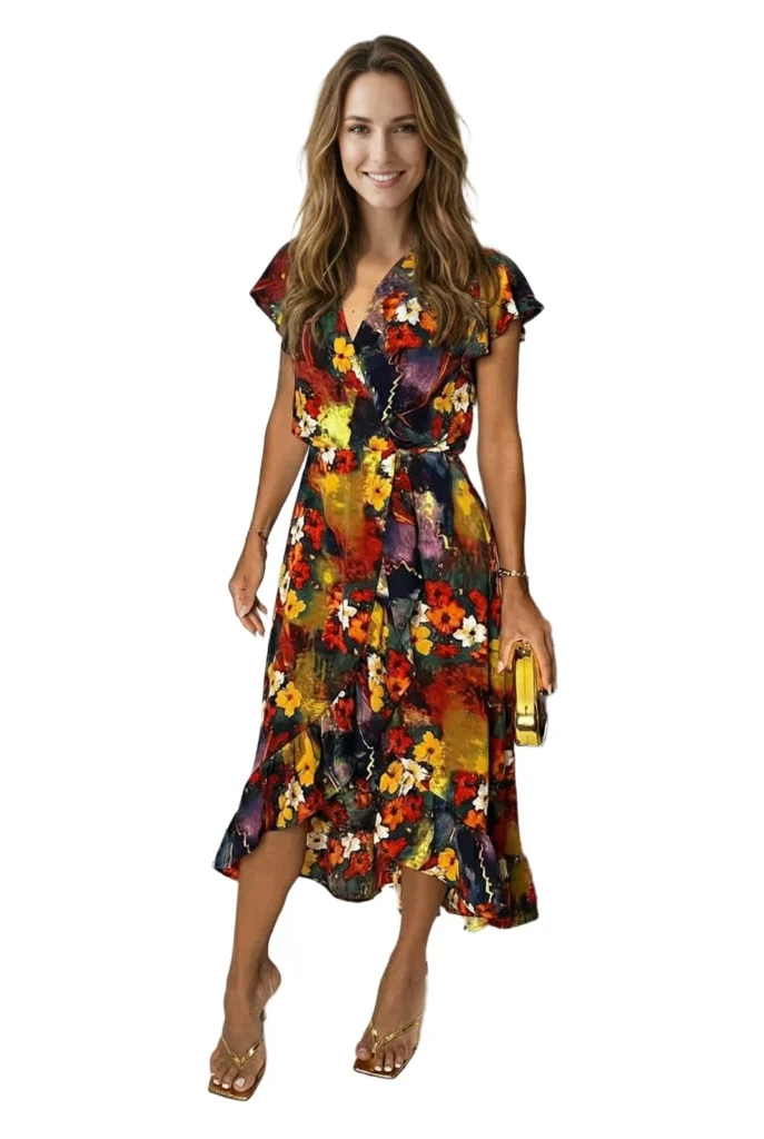Algo Bert Fashion custom ladies fashion multi floral print wrap midi dress with asymmetric frill hem