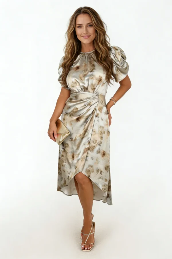 Algo Bert Fashion complex design puff sleeve detail showcasing vibrant multi smudge print and high-quality stitching