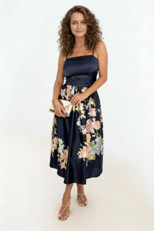 Algo Bert Fashion produttore di abiti a marchio privato abito midi in raso floreale navy con scollatura quadrata