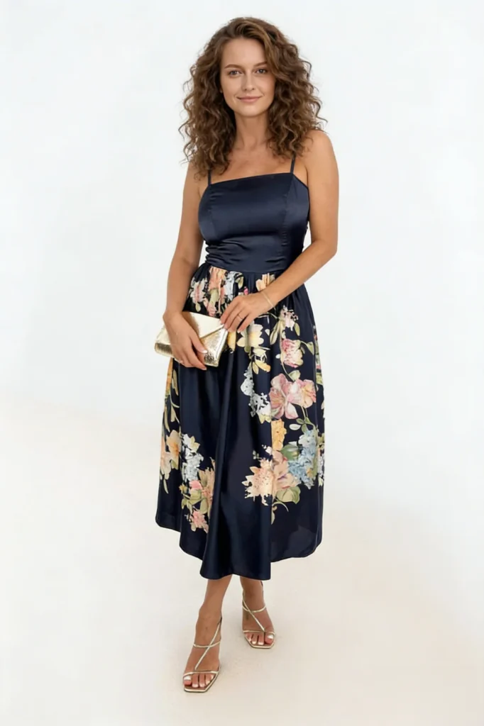Algo Bert Fashion private label dress manufacturer navy floral satin strappy midi dress with square neckline