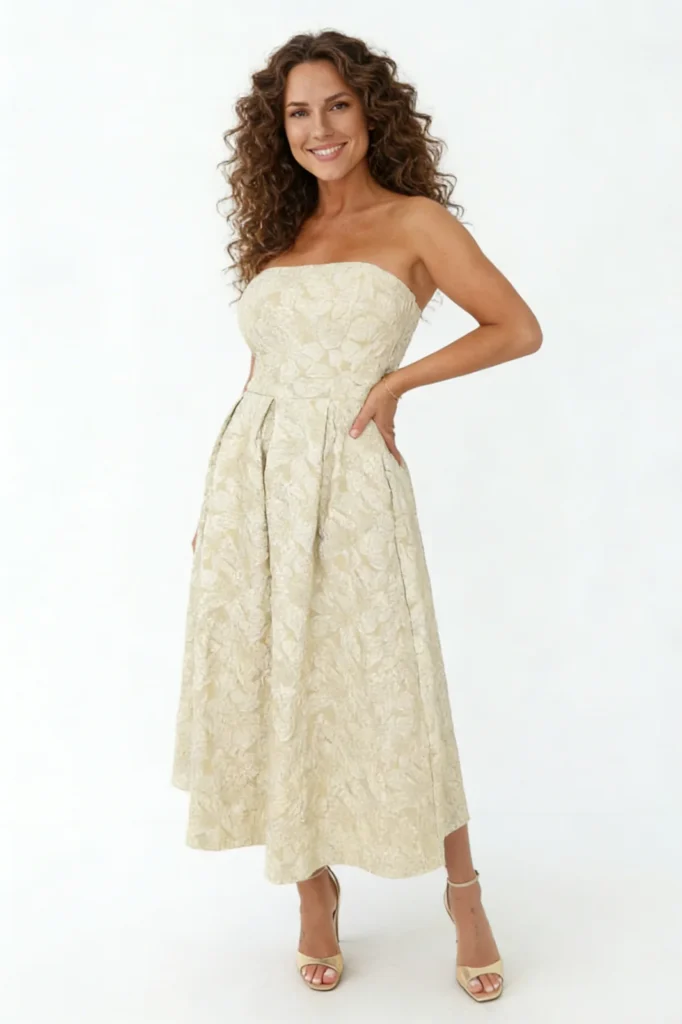 Algo Bert Fashion private label dress supplier sage floral jacquard bandeau A-line midi dress