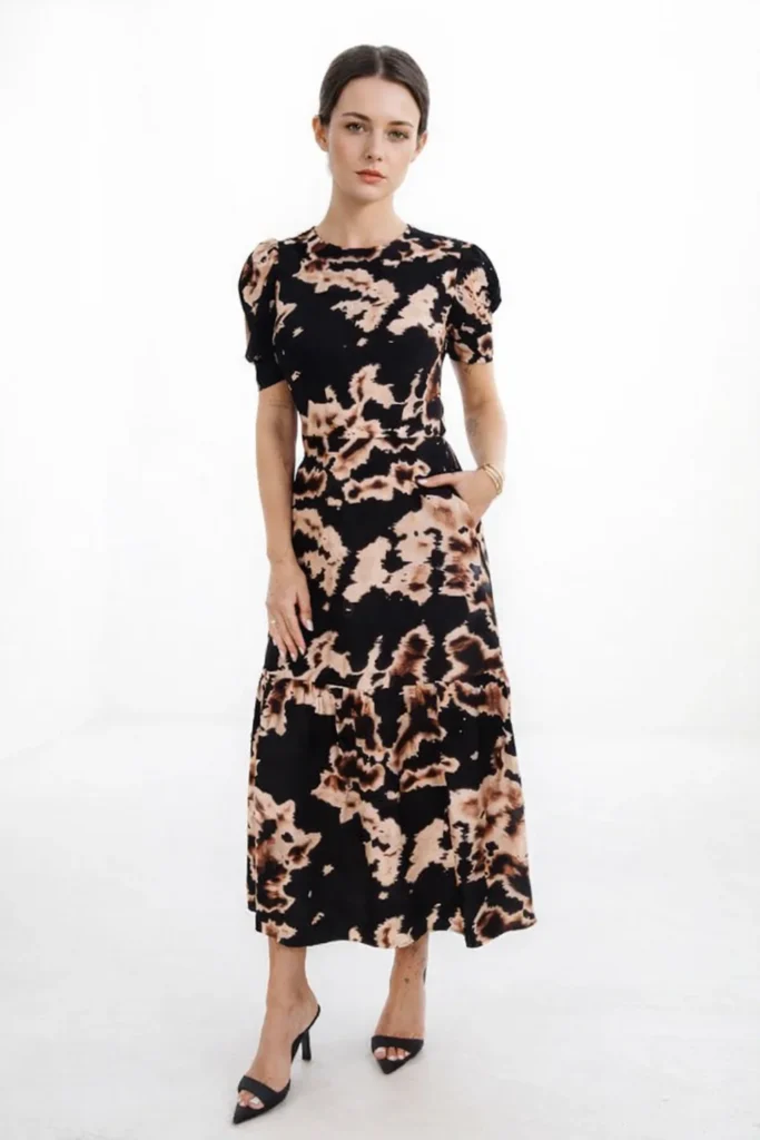 Algo Bert Fashion Custom Apparel Manufacturer robe midi à manches bouffantes à imprimé abstrait noir