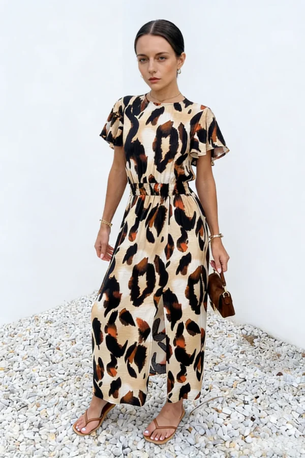Algo Bert Fashion Guangzhou Klädfabriker brun djärv leopardtryck fladderärm midiklänning
