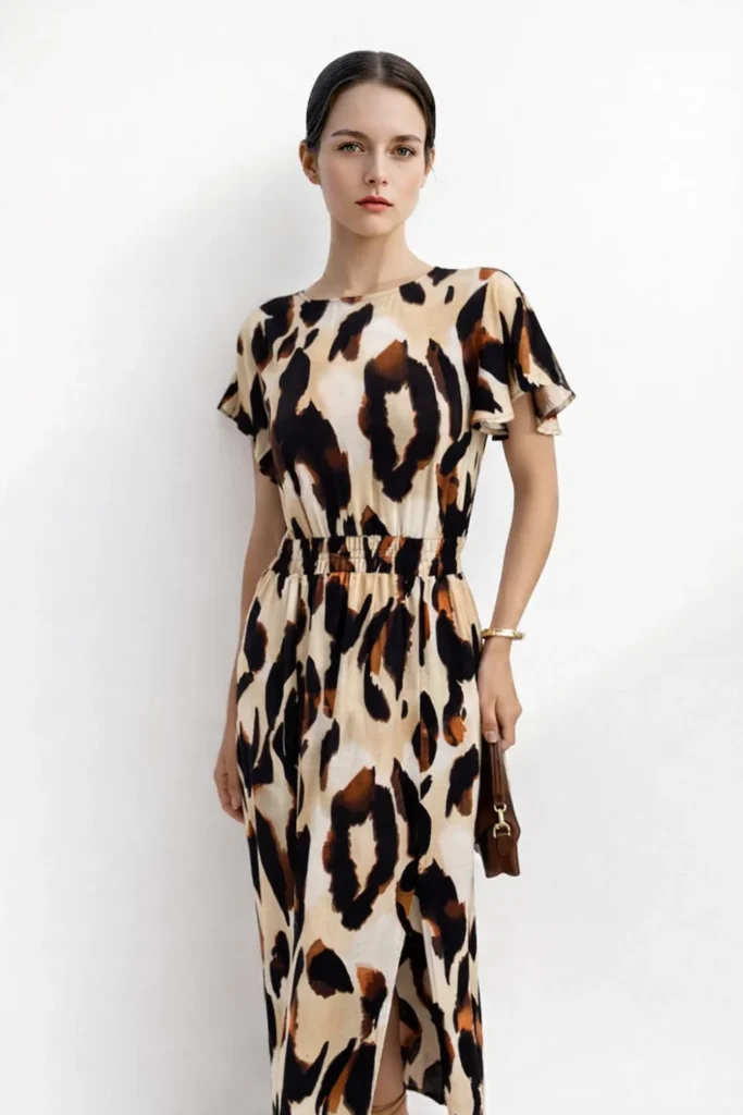 Algo Bert Fashion Guangzhou Clothing Factories robe midi à manches volantes en imprimé léopard marron audacieux