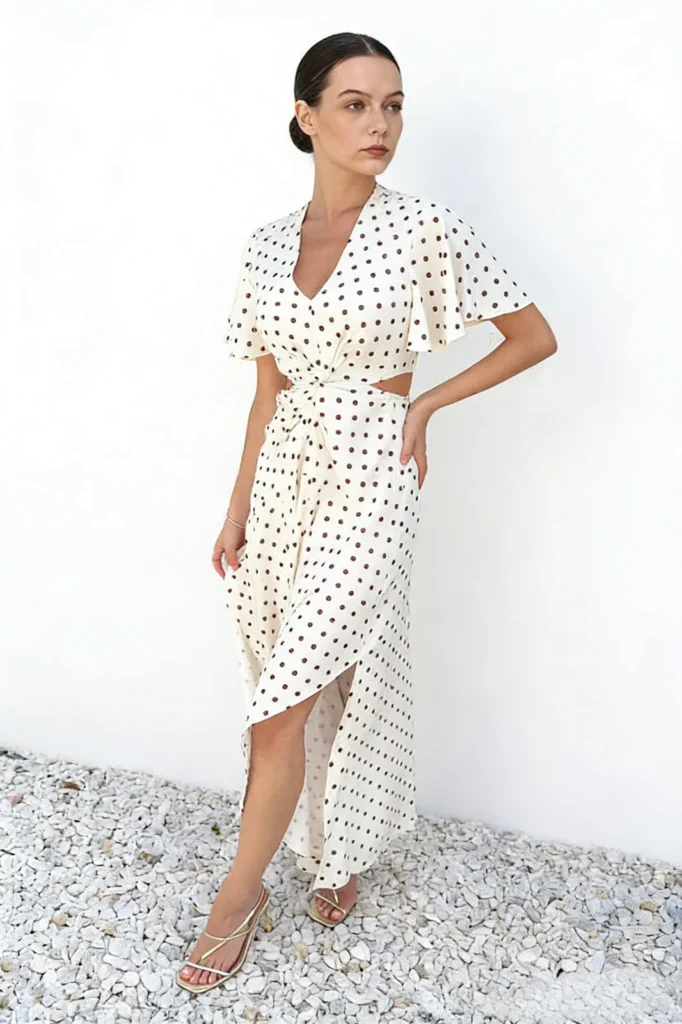Algo Bert Fashion grossiste fabricant de robes Robe midi à pois crème et marron avec découpes et nœuds