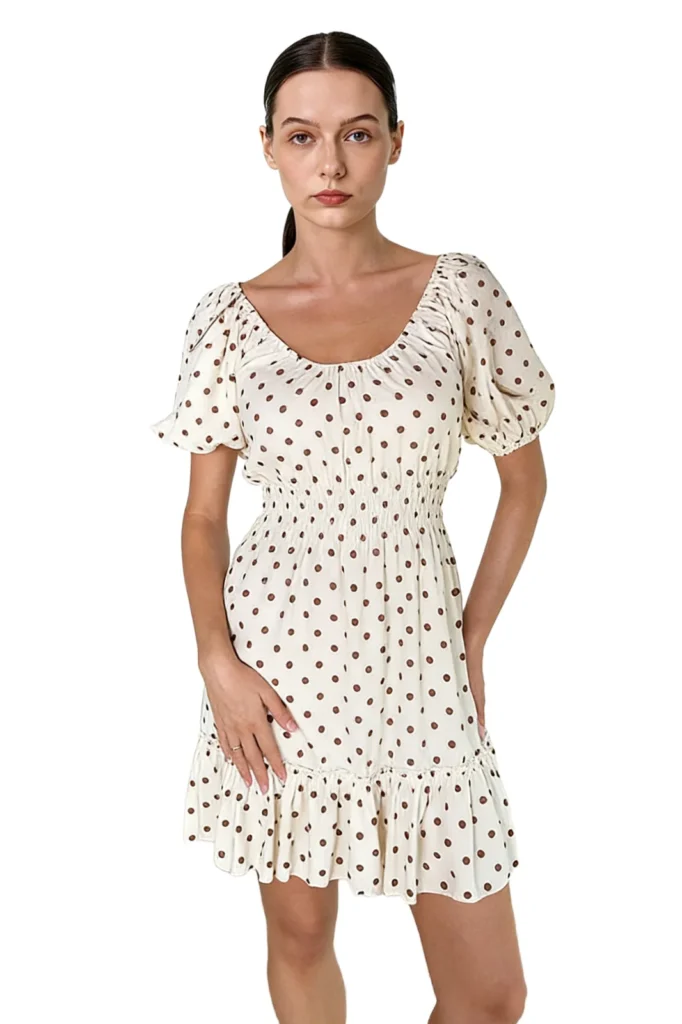 Algo Bert Fashion Custom Apparel Manufacturer robe vintage à pois - mini robe à manches bouffantes crème et marron avec ourlet à volants