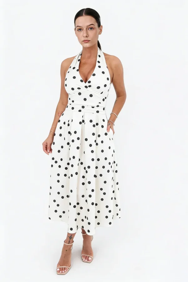 Algo Bert Fashion Garment Manufacturing in China midiklänning med halterhals - grädde svart prickig polka prickar omlott halter med fluffig boxveck A-line kjol