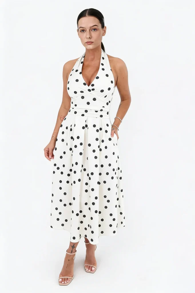 Algo Bert Fashion Garment Manufacturing in China halter neck midi dress — cream black polka dot wrap halter with fluffy box pleat A-line skirt