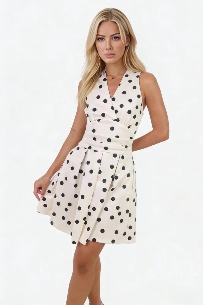 Algo Bert Fashion cream and black polka dot halter mini dress manufactured by Guangzhou Garment Factory featuring classic print and flattering silhouette