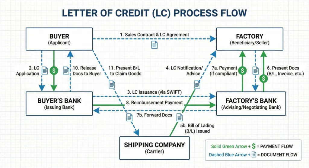 Letter of Credit process diagram showing bank guarantees and document verification flow