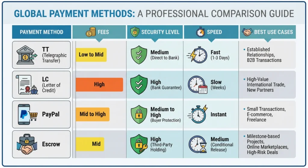 Payment methods comparison for clothing manufacturing showing TT, Letter of Credit, PayPal, and escrow options