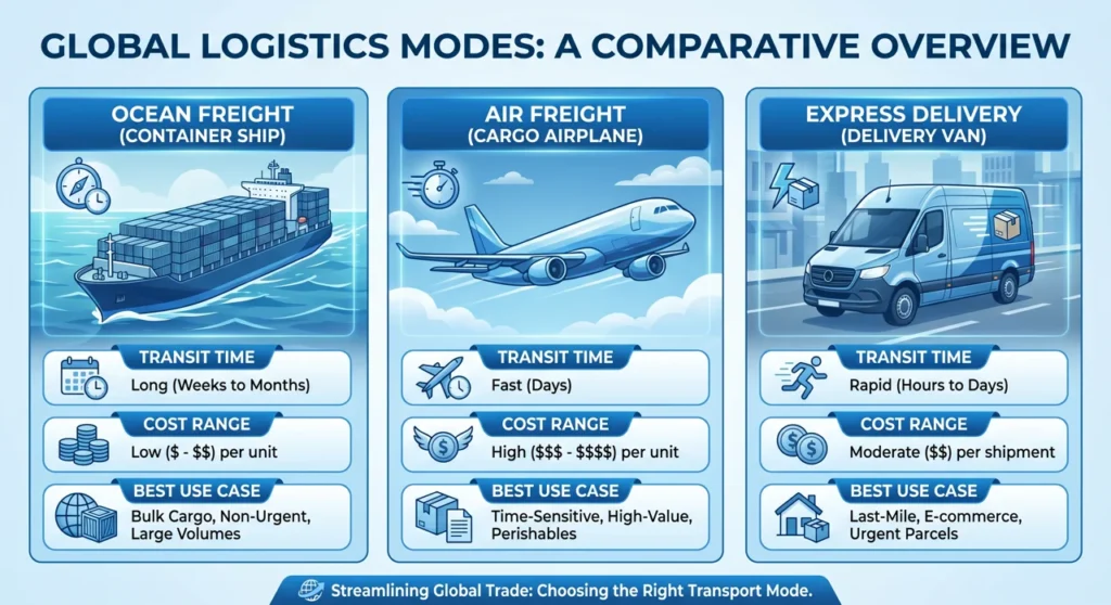 Algo Bert Fashion Shipping methods from China comparison: sea freight, air freight, and express delivery options
