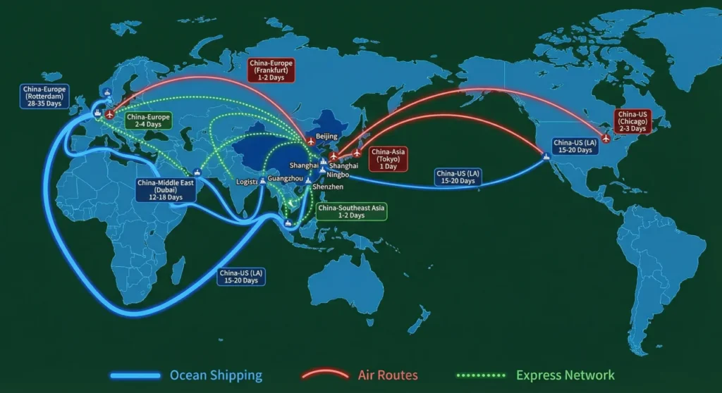 Algo Bert Fashion Global transit time map showing shipping routes from China with delivery times to major destinations