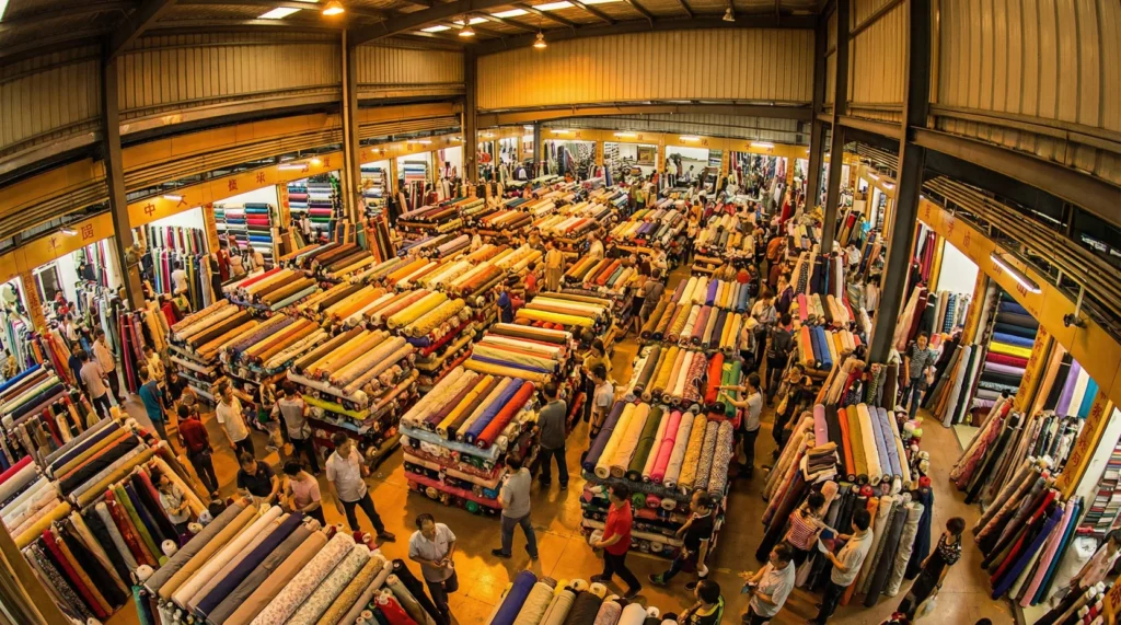 Comment s'approvisionner en tissu en Chine - Zhongda fabric market wholesale hall with colorful fabric rolls aerial