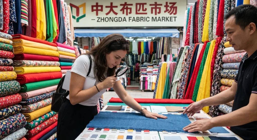 sourcing de tecidos - comprador a inspecionar amostras no guia do mercado de tecidos Zhongda