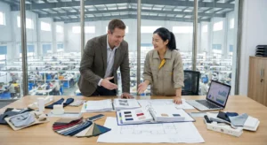 Algo Bert Fashion Verhandlungstreffen, bei dem gezeigt wird, wie man mit chinesischen Bekleidungsherstellern in einer Fabrik in Guangzhou zusammen verhandelt