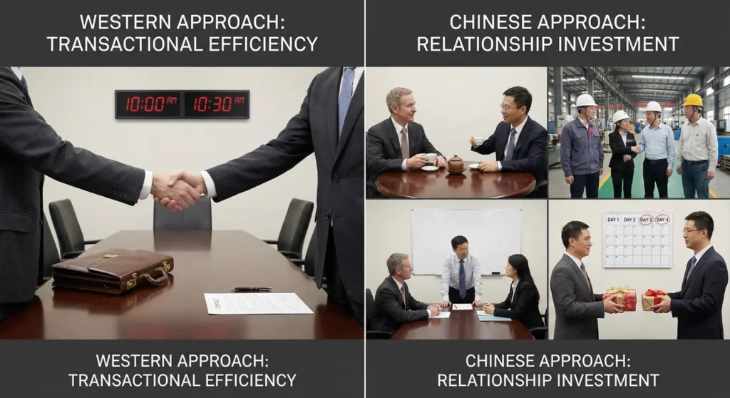 Algo Bert Fashion illustrating Chinese guanxi relationship building versus Western transactional approach when you negotiate with Chinese clothing manufacturers