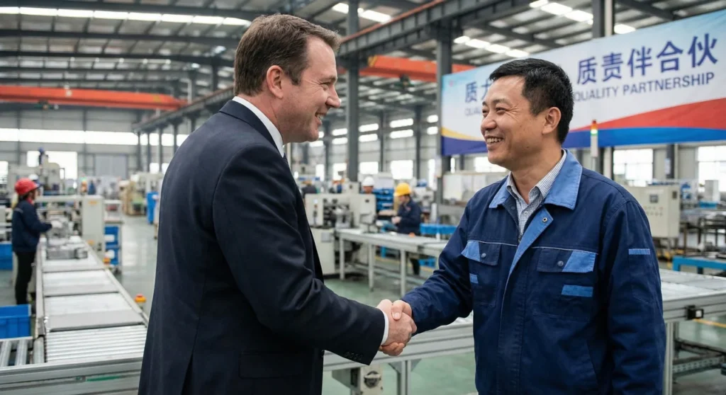 Algo Bert Fashion successful partnership handshake showing the outcome when you negotiate with Chinese clothing manufacturers using relationship-based strategies