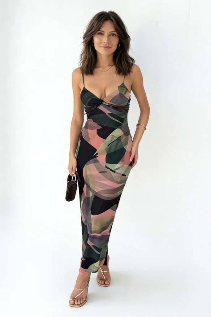Algo Bert Fashion mesh midi dress factory - leaf print strappy manufacturer wholesale direct
