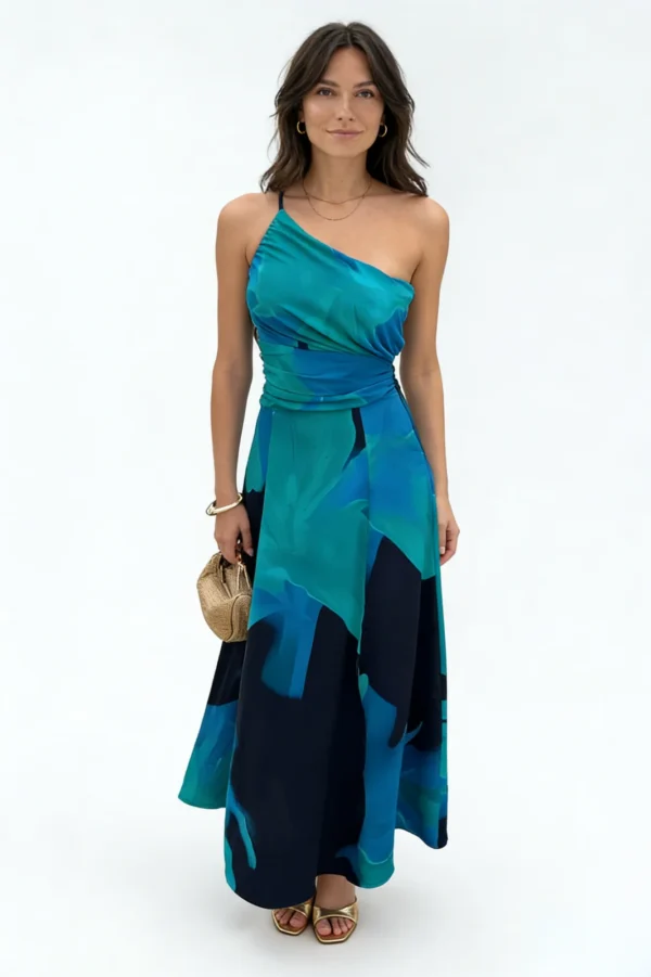`Algo Bert Fashion stampa floreale una spalla midi dress fabbrica - navy audace stampa una spalla produttore all'ingrosso