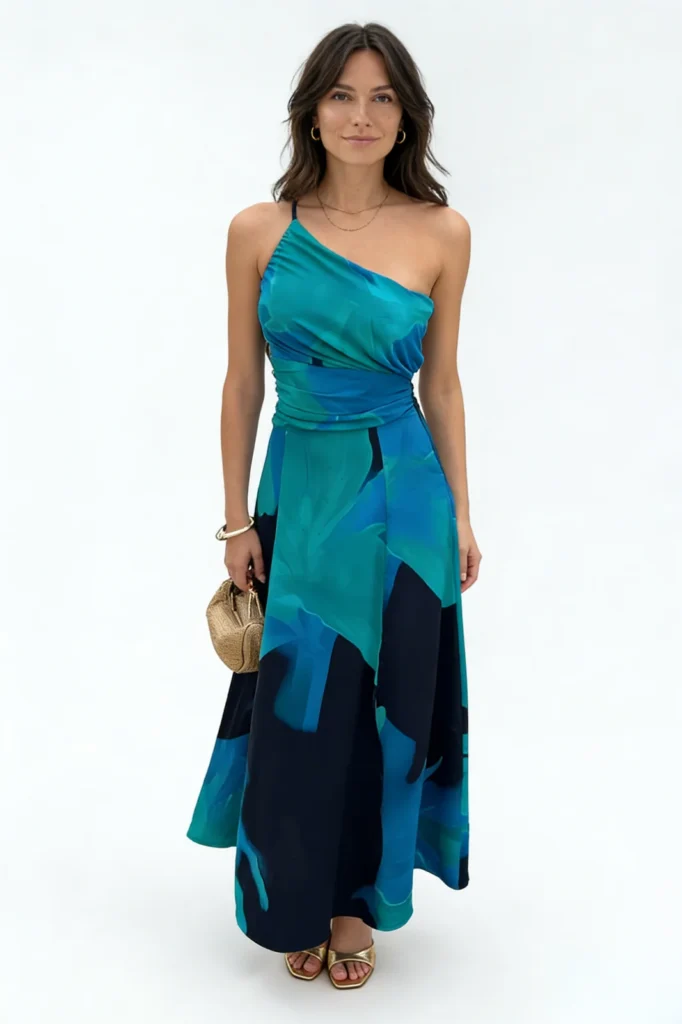 `Algo Bert Fashion floral print one shoulder midi dress factory - navy bold print one shoulder manufacturer wholesale