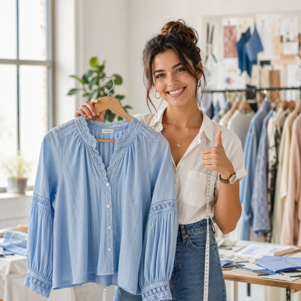 algobert fashion commercial photo customer thumbs up to approve clothing sample for manufacturer
