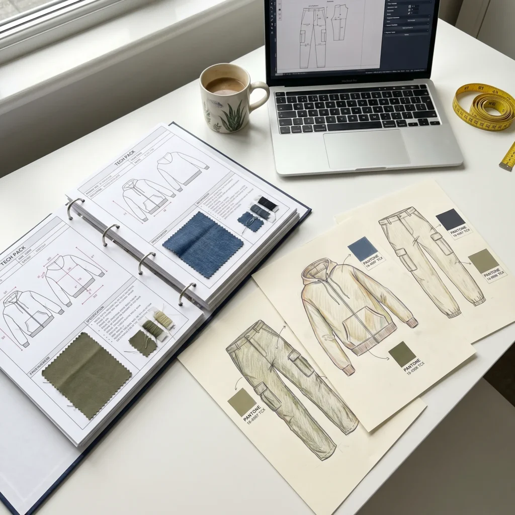 algo bert fashion how it works from tech pack design with laptop for clothing manufacturer