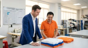 Algo Bert Fashion mostra um empresário a analisar a produção de vestuário em pequenos lotes com um fabricante chinês