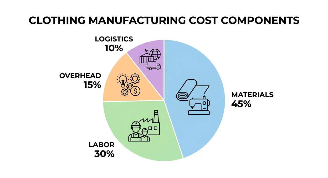 Algo Bert Fashion Clean infographic showing clothing manufacturing cost breakdown: Materials 45%, Labor 30%, Overhead 15%, Logistics 10%. Pie chart with icons, professional business style on white background clothing manufacturing costs in Guangzhou