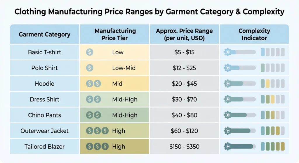 Algo Bert Fashion Professional table comparing clothing manufacturing price ranges by garment category from basic t-shirts to tailored blazers. Clean data visualization with price tiers and complexity indicators on white background.