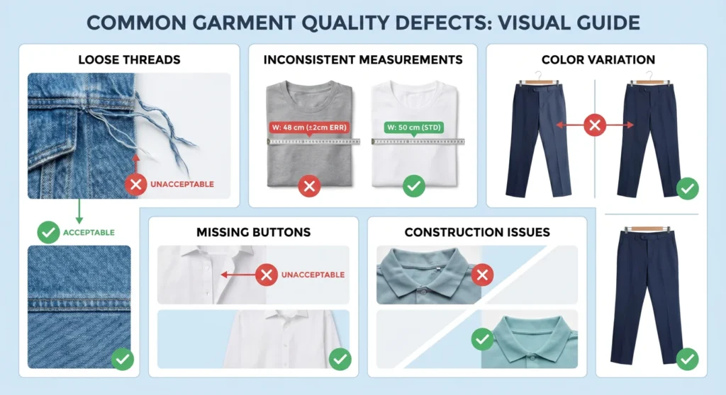 Algo Bert Fashion Professional diagram of common garment defects: loose threads, inconsistent measurements, color variation, missing buttons, construction issues. Grid layout with photo examples, red/green indicators for unacceptable/acceptable.