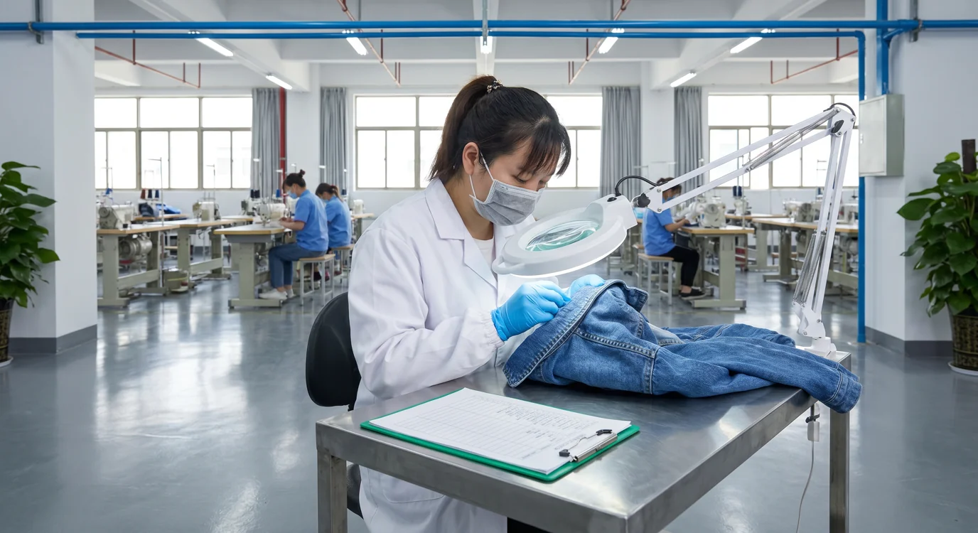 Algo Bert Fashion Kalite kontrol müfettişi Guangzhou fabrikasında bitmiş giysiyi inceliyor, dikişleri, dikişleri ve yapı kalitesini dikkatle kontrol ediyor. Profesyonel belgesel tarzı, beyaz, mavi, gri ve yeşil vurgularla temiz fabrika ortamı.