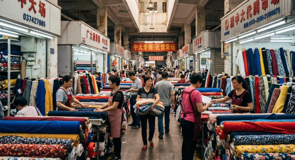 Algo Bert Fashion Professional documentary-style image of Zhongda fabric market in Guangzhou showing rows of colorful fabric rolls. Vibrant textile market atmosphere with vendors and buyers, warm lighting, rich fabric colors against white and gray backgrounds Guangzhou apparel supply chain