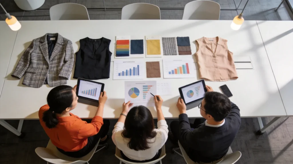 professionele kleding sourcing Guangzhou - team dat sourcing prestatiecijfers bekijkt