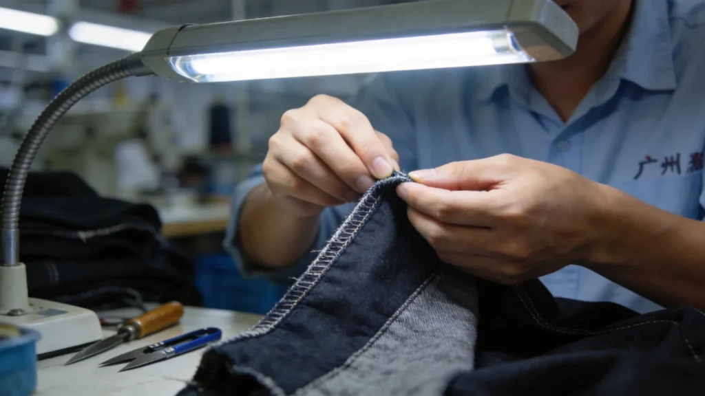 professionele kledingsinkoop Guangzhou - kwaliteitsinspecteur die de naden van het kledingstuk controleert