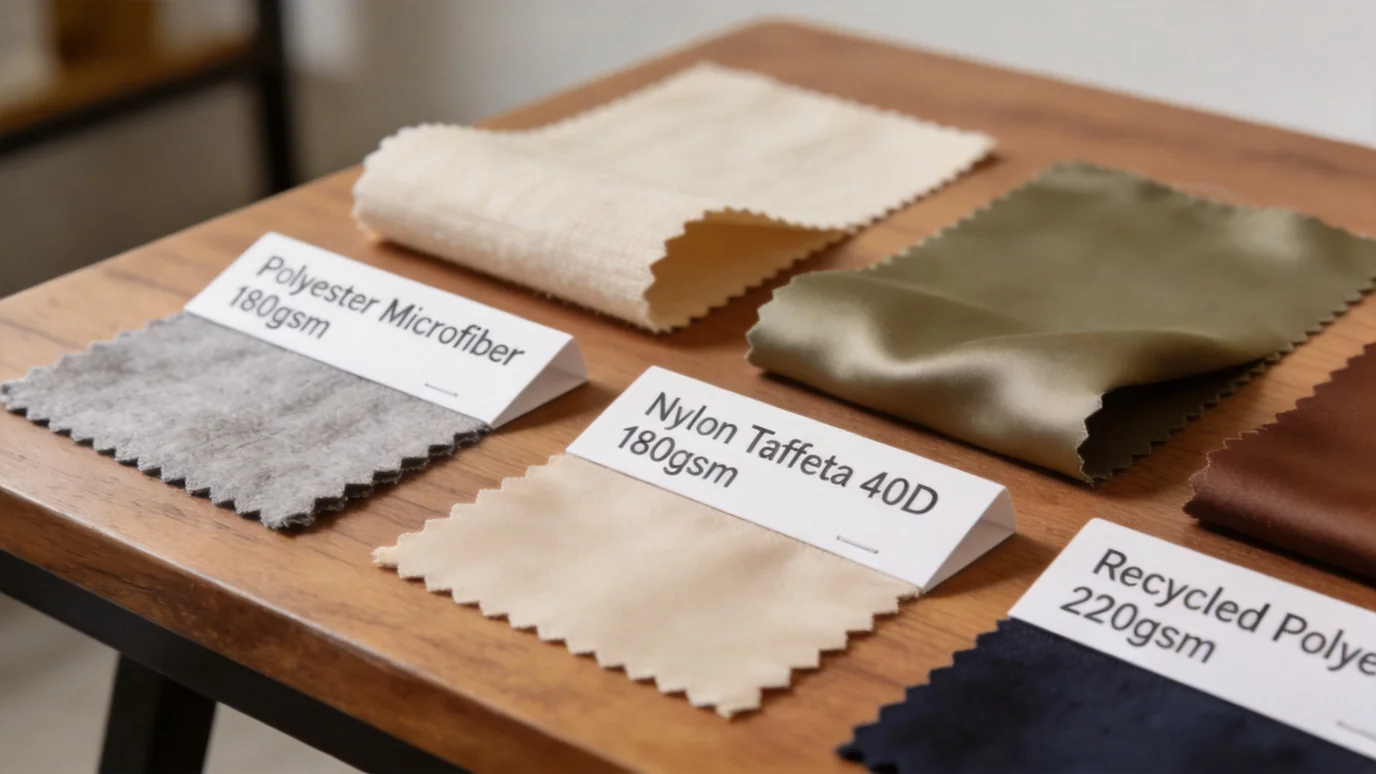 Shaoxing Keqiao fabric market - Synthetic fabric sample comparison showing polyester microfiber, nylon, and recycled polyester swatches