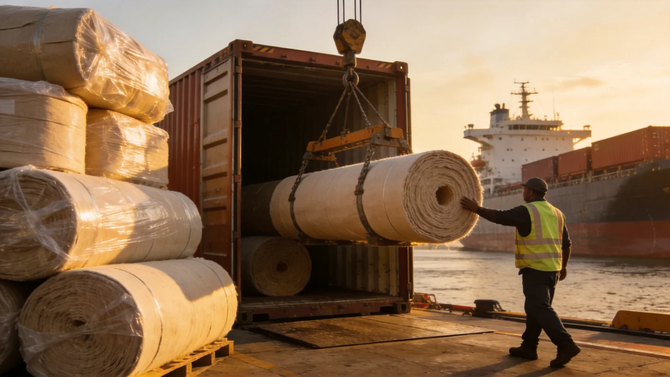 Shaoxing Keqiao fabric market - Fabric rolls being loaded into shipping container at Keqiao freight center