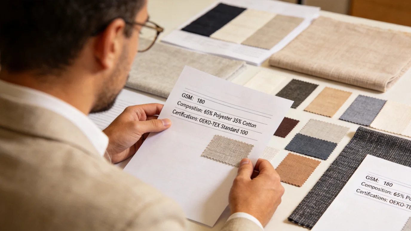 Shaoxing Keqiao fabric market - Fabric specification sheet with technical requirements next to fabric swatches