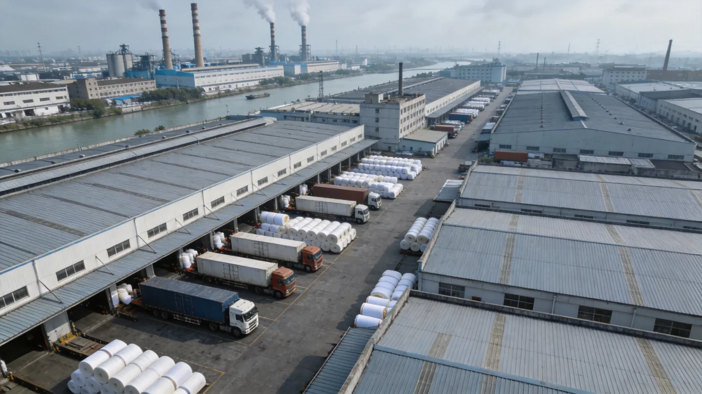 Shaoxing Keqiao fabric market - Aerial view of Keqiao textile factories and mills connected by river transport