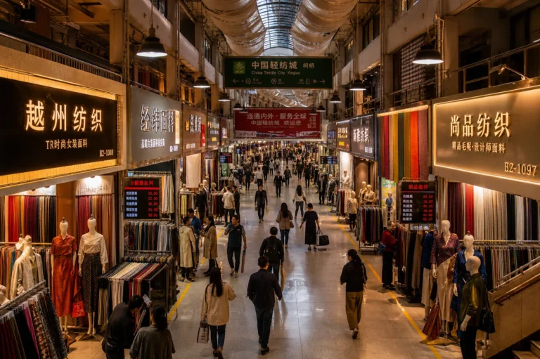 Shaoxing Keqiao fabric market - Textile City exterior with fabric rolls visible through storefront windows