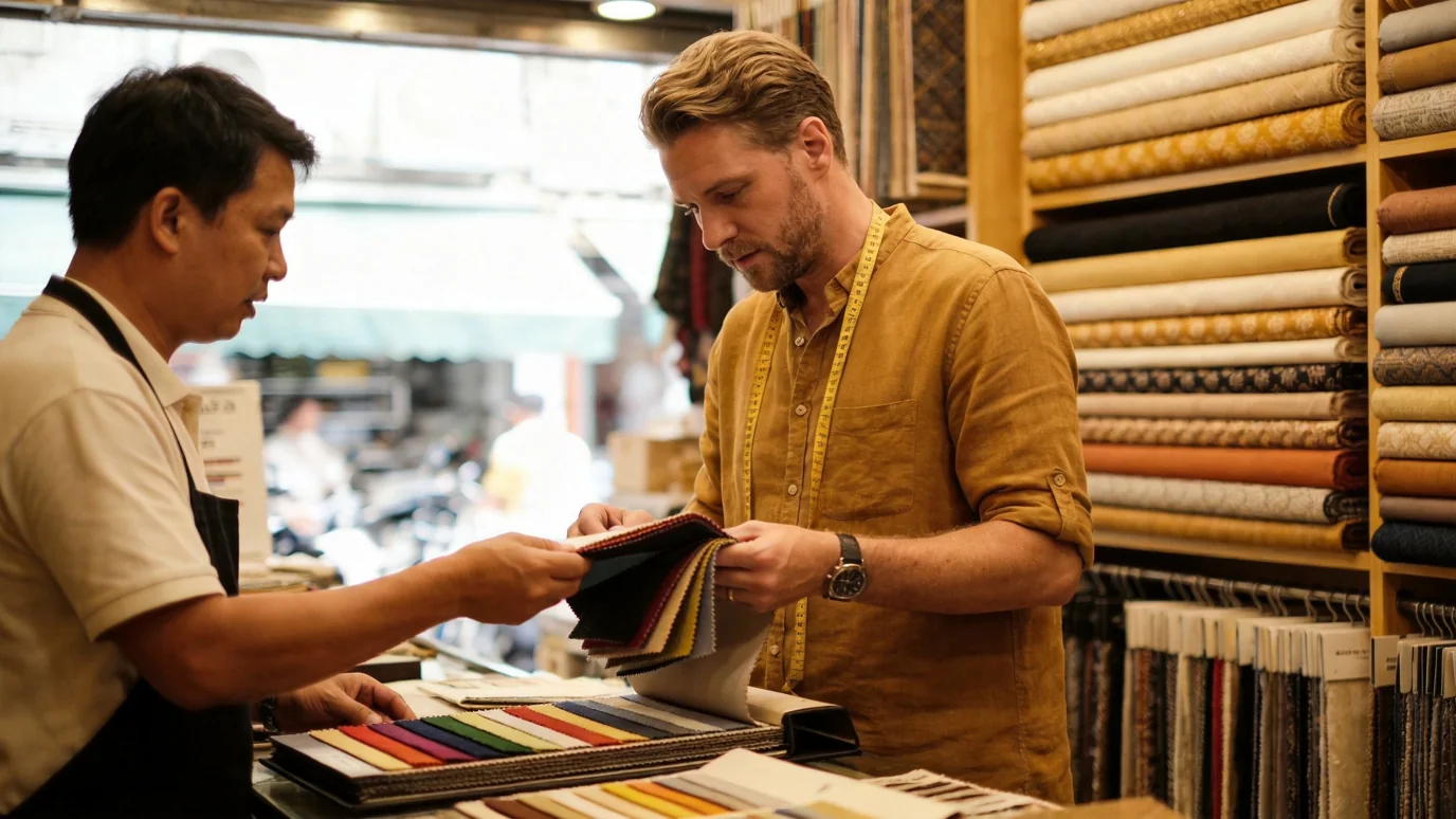 Shenzhen fabric market - buyer sourcing performance textiles at supplier showroom