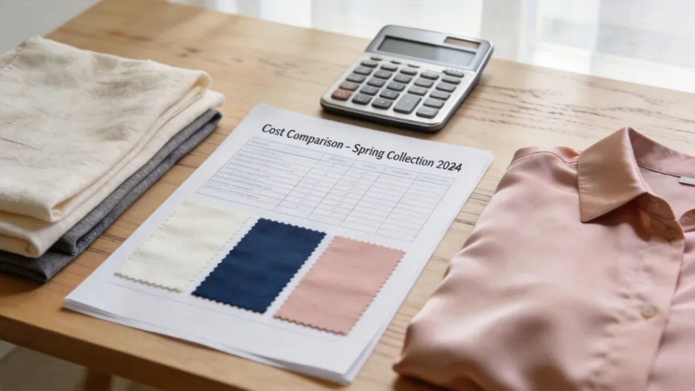 low moq clothing manufacturing - cost comparison documents and fabric samples on desk