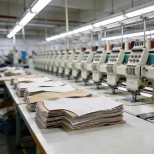 låg moq klädtillverkning - klädfabrik produktionsgolv med skärbord och sömnadslinjer