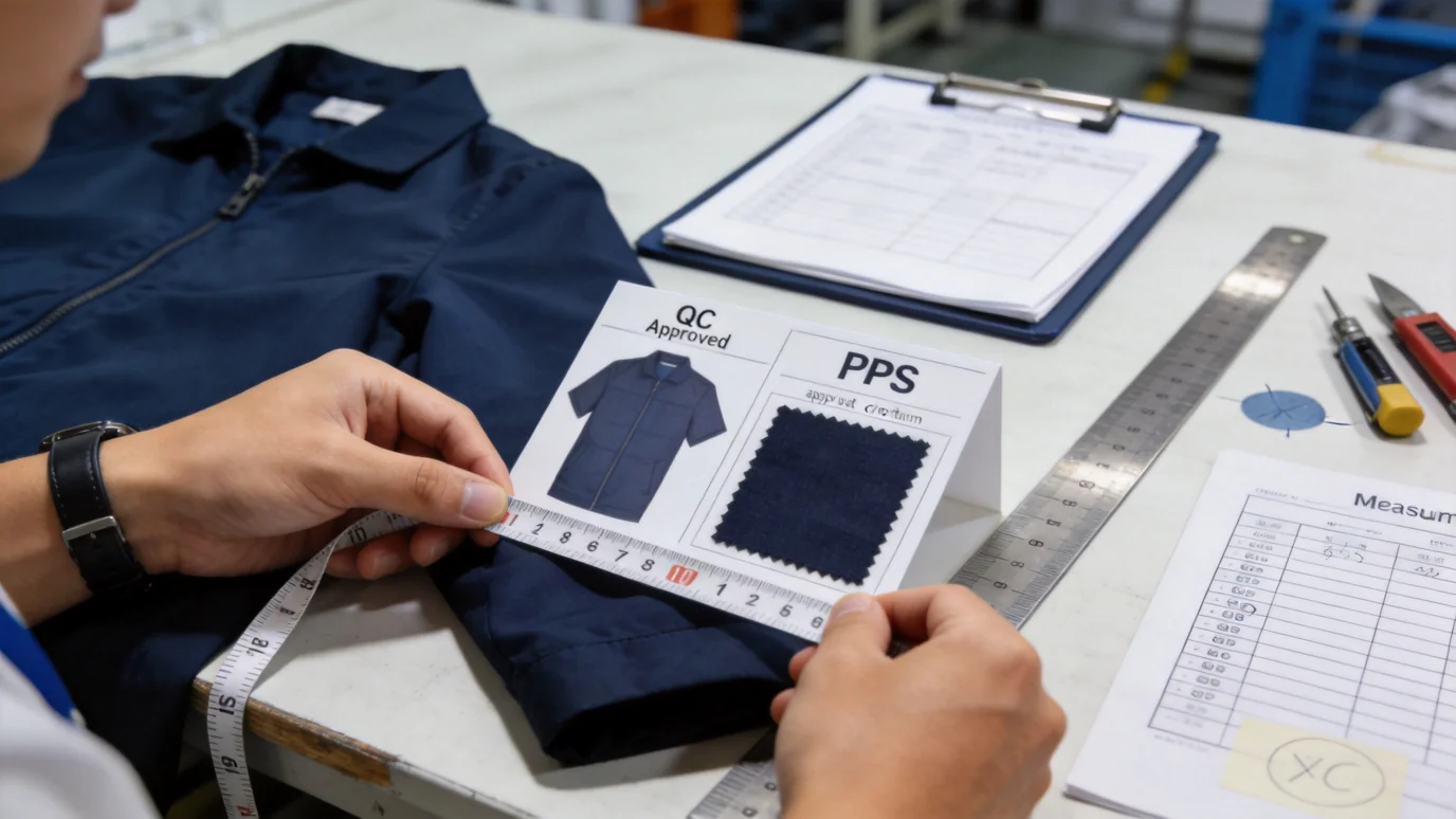 Inspectie van het eerste artikel - Een QC-inspecteur vergelijkt een kledingstuk met het goedgekeurde PPS-monster met meetlint