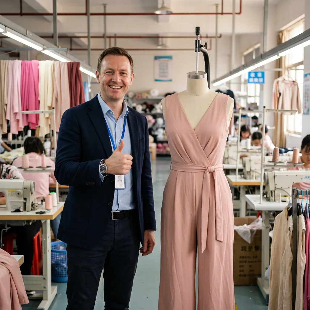 British buyer giving thumbs up in Algo bert fashion custom jumpsuits manufacturer production factory in Guangzhou, with nude pink jumpsuit displayed on tailor's dummy beside him. Blurred factory background.