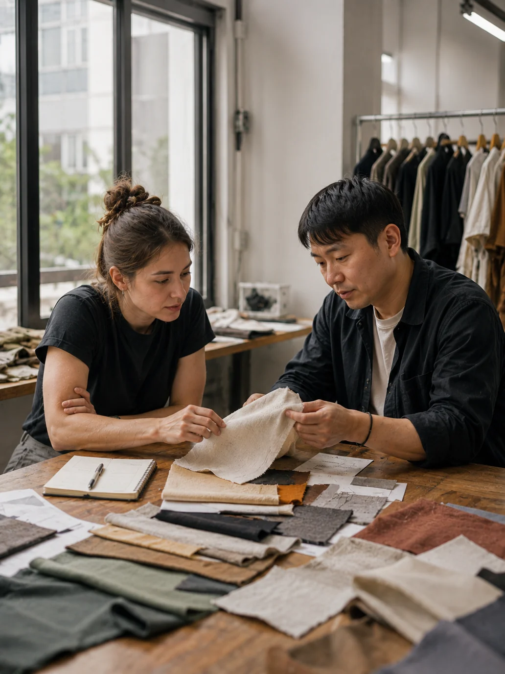Algo Bert Küçük işletmeler için moda giyim üreticileri Guangzhou fabrikasında üretici ile kumaş örneklerini inceleyen sahibi - küçük işletmeler ortaklığı için giyim üreticileri